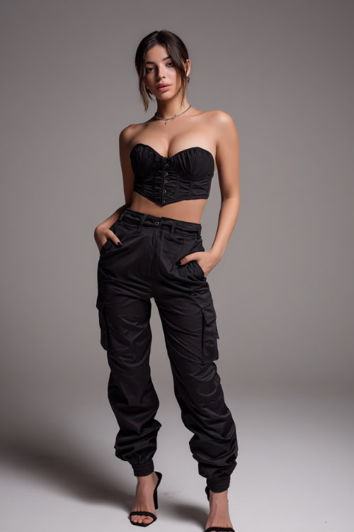 A woman wearing a black corset top with high-rise cargo pants and heeled sandals, styled for a bold and trendy NYC summer night look, simple studio background