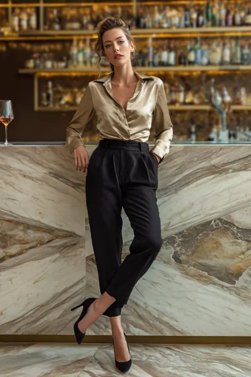 A woman over 40 wearing tailored black trousers, a silky champagne blouse, and pumps, leaning elegantly against a marble bar counter, full body outfit visible