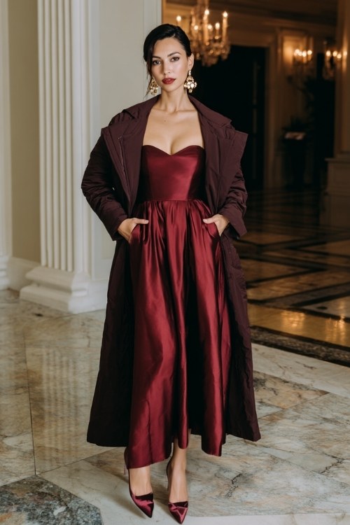 A woman wears a dark red satin gown with a matching longline coat, accessorized with statement earrings