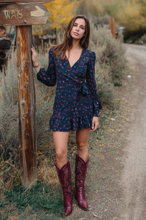A woman in a navy floral wrap dress with a ruffle hem and long sleeves, paired with burgundy cowboy boots