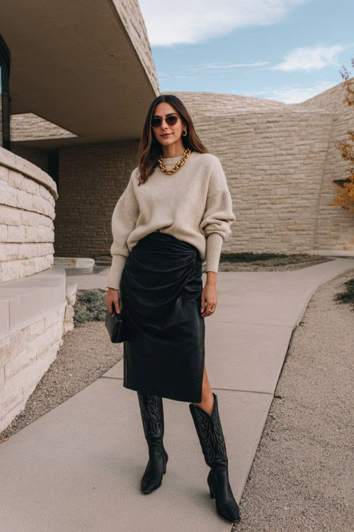 A woman over 40 wears black tall cowboy boots with a beige sweater, black midi skirt, and gold accessories