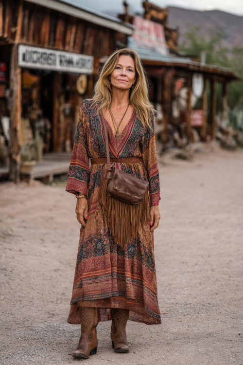 A woman over 40 wearing a flowy boho maxi dress with earthy tones, paired with brown western boots and a fringe crossbody bag