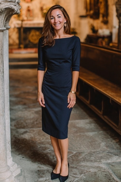 A woman over 40 wears a navy pencil dress with three-quarter sleeves and minimal jewelry (4)