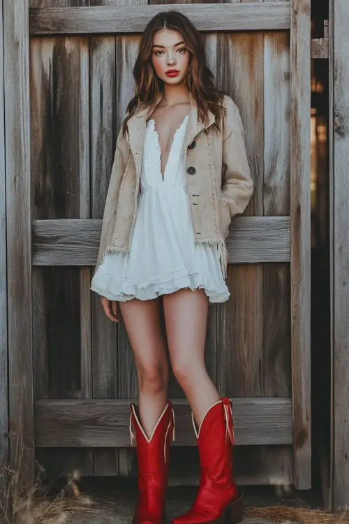 A Western-chic outfit featuring red cowboy boots, a ruffled white sundress, and a cropped fringe suede jacket