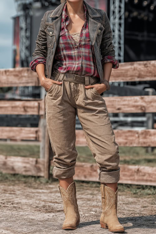 A woman wears boyfriend jeans cuffed at the ankle with a plaid flannel shirt layered under a leather jacket, paired with suede cowboy boots