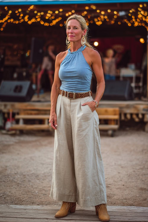 A woman over 40 in wide-leg linen pants, a sleeveless tucked-in blouse, and tan cowboy boots, accessorized with a belt and delicate earrings