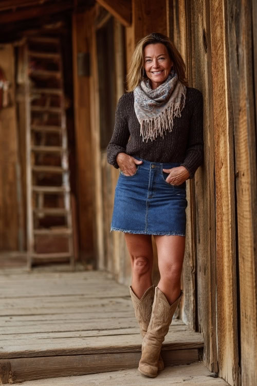 A woman over 40 in a denim skirt paired with a chunky knit sweater, layered scarf, and suede cowboy boots near a wooden barn stage