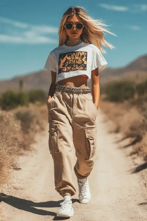 A trendy woman in a cropped graphic tee with baggy cargo pants and white sneakers, accessorized with a chain belt and sunglasses