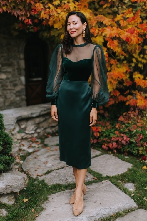 a woman wears a green velvet guest dress with sheer sleeves for fall wedding