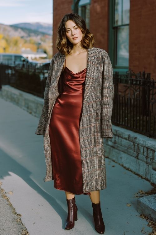 A woman in a maroon satin midi dress under a structured plaid coat, styled with ankle boots
