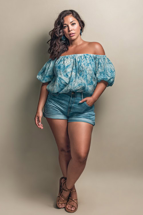 A plus-size woman in a flowy off-shoulder top paired with high-waisted denim shorts and flat sandals, styled for a casual summer night out, simple studio background