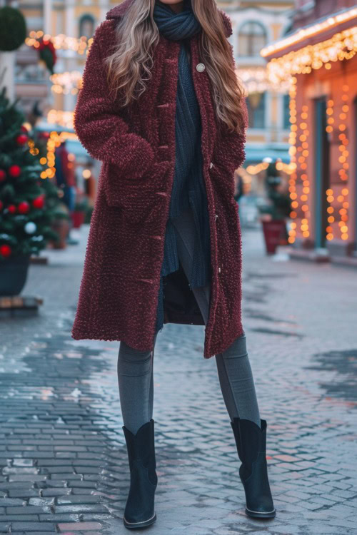 A woman wears black cowboy boots, leggings and a fur coat