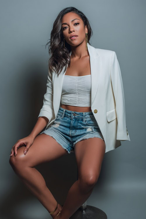 A woman in a white fitted crop top with oversized blazer, denim cutoffs, and heeled mules, styled for a trendy NYC summer night out, simple studio background
