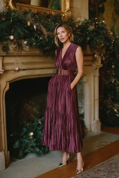 A woman over 40 wears a plum pleated maxi dress with a belted waist and metallic heels