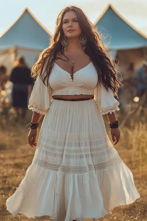 A plus-size woman wearing a smocked peasant blouse with long bell sleeves and a flowy tiered skirt, styled with strappy sandals and boho earrings