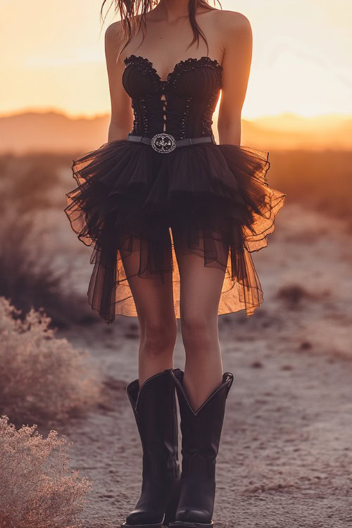 A bold festival outfit featuring a black corset top with a layered tulle skirt, styled with black cowboy boots and statement earrings