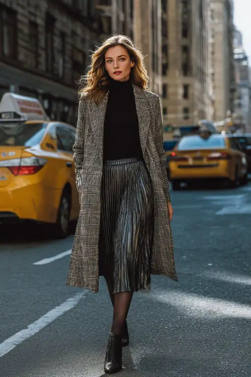 Woman in a tailored plaid coat, black turtleneck, pleated midi skirt, tights, and ankle boots, walking confidently across a city street on her way to work