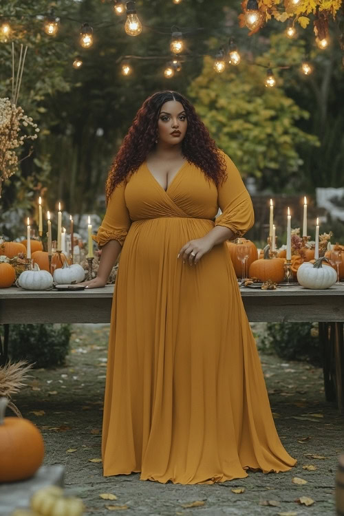 a plus size woman wears a yellow wedding guest dress with a wrap design
