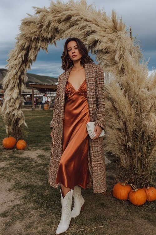 A woman wears a copper satin slip dress layered with a plaid wool coat, styled with white cowboy boots