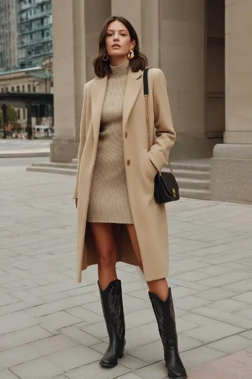 A woman in a beige knit dress with black cowboy boots and trench coat for winter