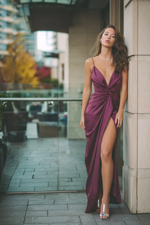 A woman wearing a floor-length plum evening gown with a thigh slit and metallic heels, posing outside a luxury hotel bar in autumn