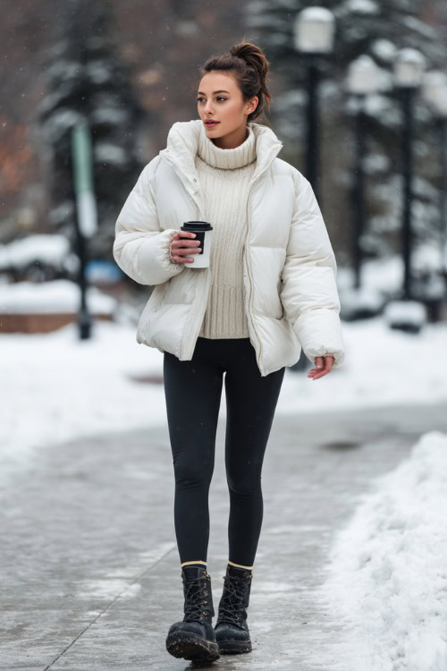 Stylish woman in a puffer jacket, turtleneck sweater, black leggings, and lace-up ankle boots, holding a coffee cup while walking through a snowy city park