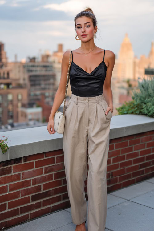A woman wearing a black satin camisole tucked into high-waisted beige trousers with strappy heels and a mini bag, styled for an NYC rooftop dinner