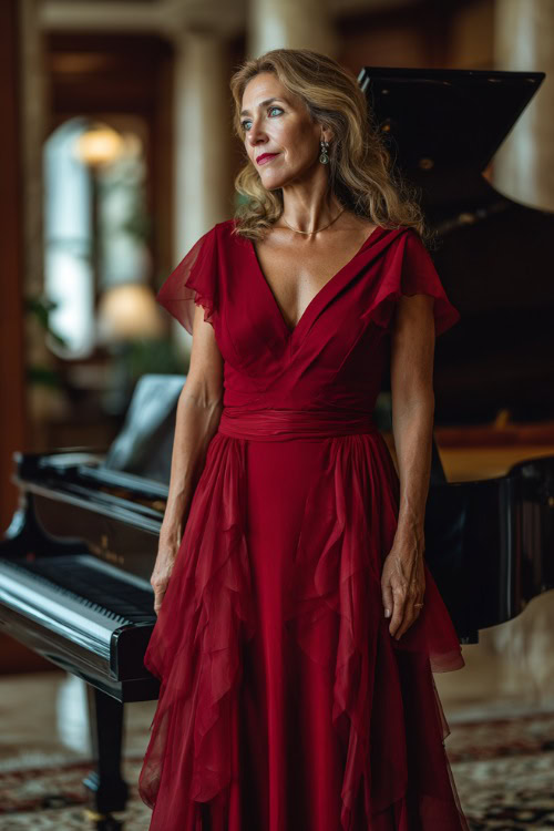A woman over 50 wearing a ruby red V-neck gown with flutter sleeves and a layered skirt, standing by a grand piano in an elegant indoor setting