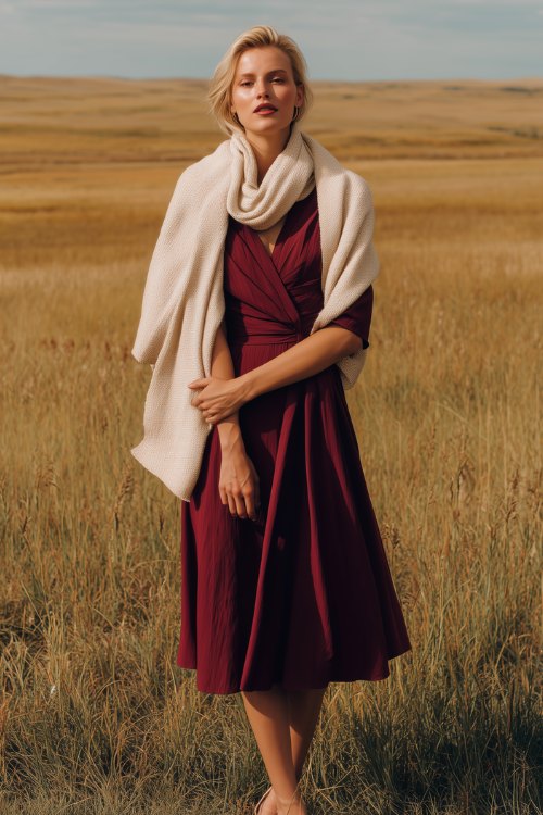 A woman in a burgundy midi dress with with low heels and a light knit shawl draped over her shoulders
