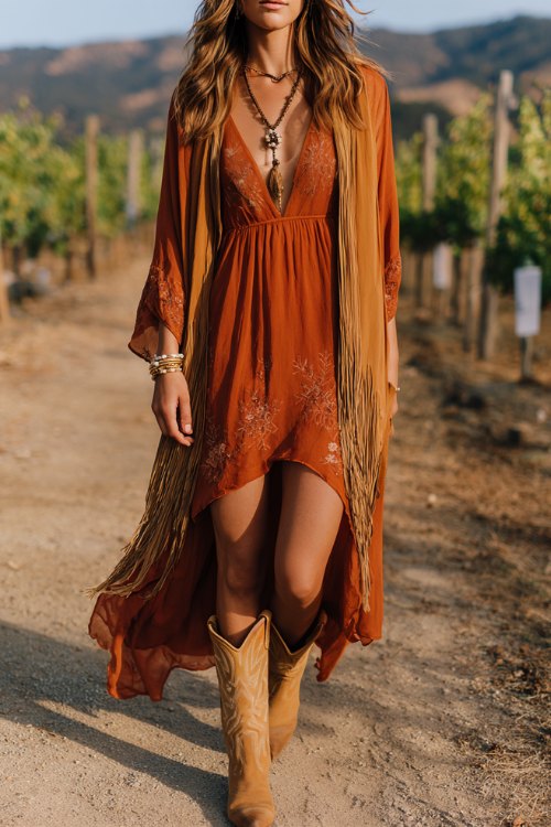 a woman wears a flowing midi dress in burnt orange, featuring sheer chiffon overlay and delicate floral embroidery, paired with tan distressed cowboy boots