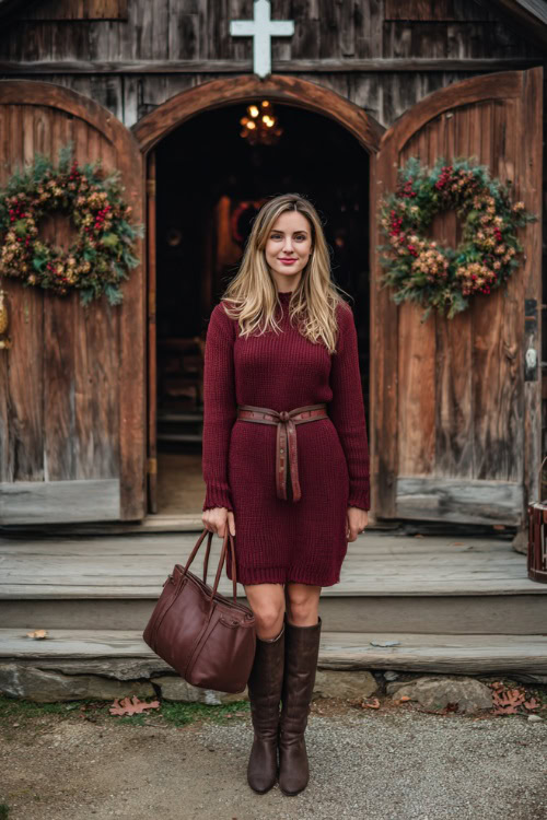 A woman wears a burgundy knit sweater dress with a belted waist, paired with brown boots and a tote bag, standing outside a rustic wooden chapel decorated with fall wreaths