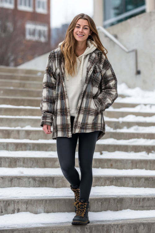 Stylish student wearing a plaid shacket over hoodie, leggings, and lace-up boots, walking up outdoor steps at a university building with light snow