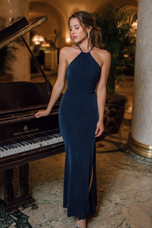 A woman wears a classic midnight blue gown with a halter neckline and open back (2)