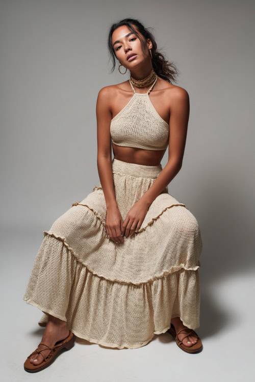 A woman wearing a knit halter top with a tiered maxi skirt and flat sandals, styled for a laid-back summer evening, simple studio background