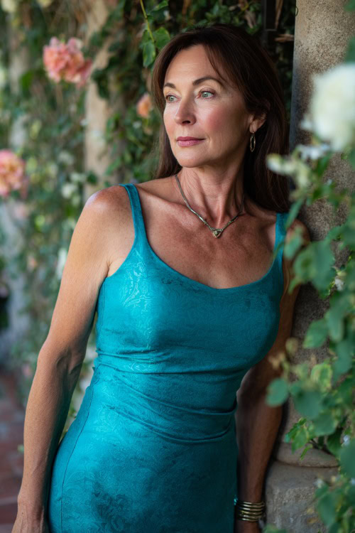 A woman over 50 wearing a teal sleeveless column dress with a subtle shimmer and minimal jewelry, posing by a floral-covered trellis in a garden venue,