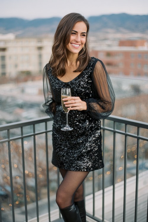 A woman over 30 wears a black sequin-embellished gown with long sleeves and a tulle overlay, styled with opaque tights and high-heeled ankle boots