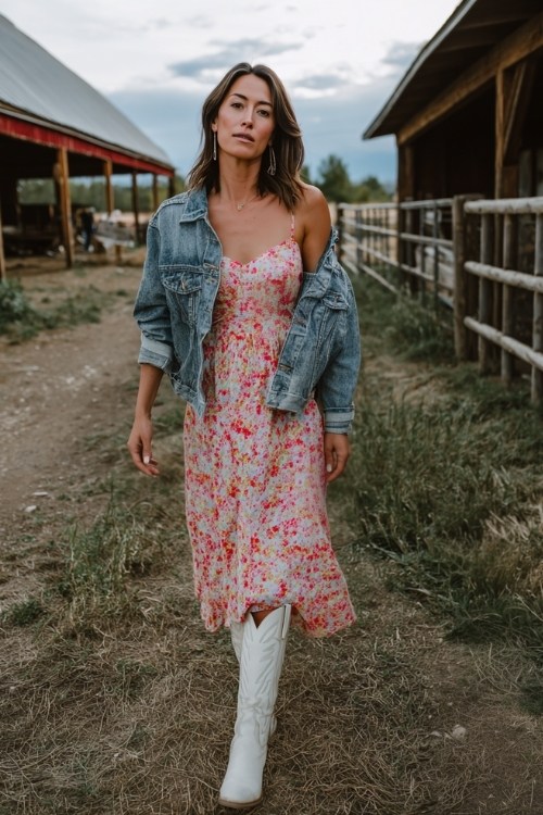 A woman over 30 wears a floral chiffon maxi dress, paired with tall white cowboy boots and a denim jacket draped over her shoulders