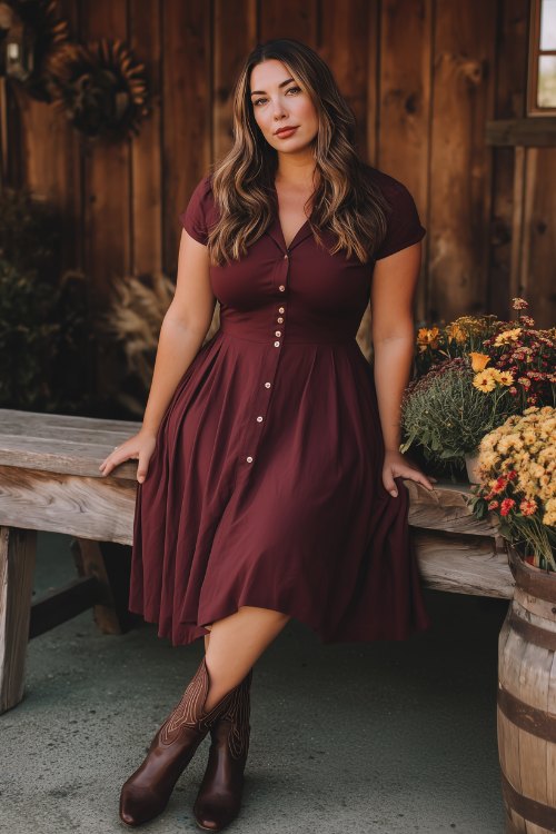A plus-size woman in a burgundy button-front midi dress with a fit-and-flare silhouette and cap sleeves, styled with ankle western boots