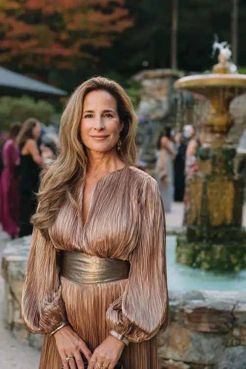 a woman over 50 in a bronze pleated gown with long bishop sleeves and a metallic belt