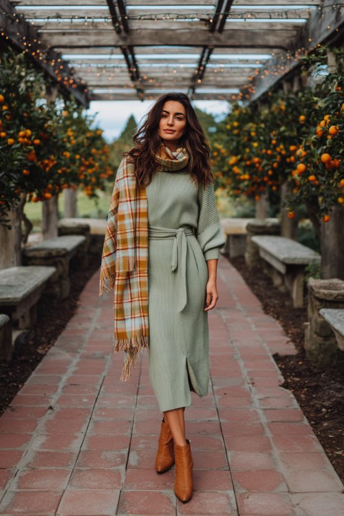 A woman wears a mauve midi cocktail dress with a fitted bodice and tulle overlay skirt, finished with silver ankle-strap heel