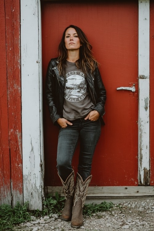 A woman wears dark jeans tucked into distressed tall cowboy boots, with a leather jacket and casual graphic tee