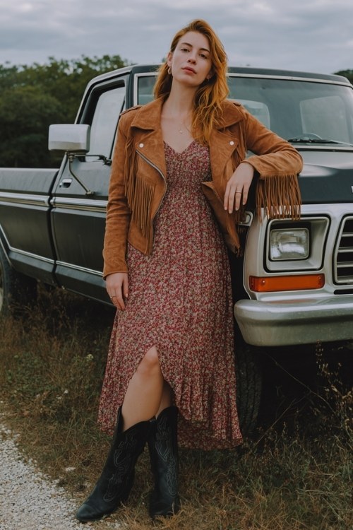a woman wears a boho dress with cowboy boots outfit and a fringe jacket