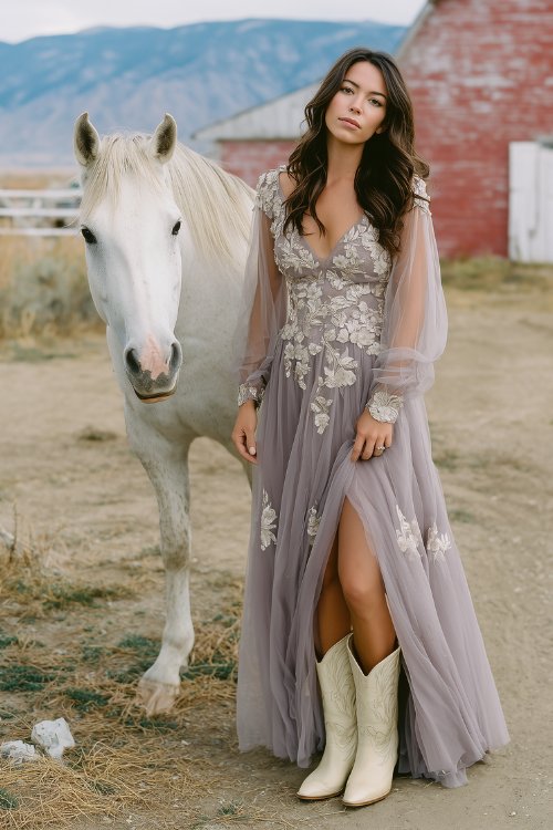 A woman shown full body in a lavender-grey tulle gown with floral embroidery and sheer bishop sleeves, styled with cream cowboy boots