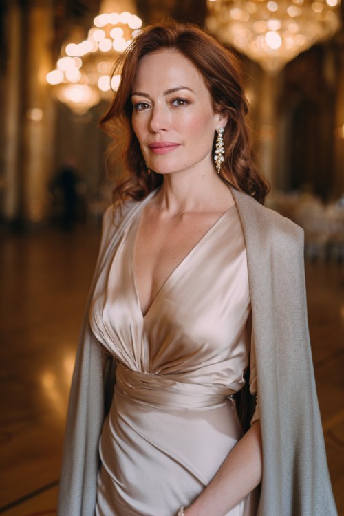 A woman over 35 wears a champagne silk dress with long sleeves, paired with a gray cashmere shawl and pearl drop earrings
