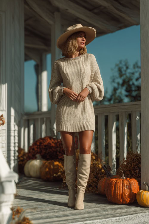 Chic fall outfit with a neutral sweater dress, knee-high boots, and a felt hat, woman standing on a porch decorated with pumpkins and leaves
