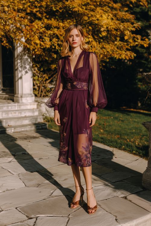 A fashionable guest wears a deep plum midi dress with sheer long sleeves and floral embroidery