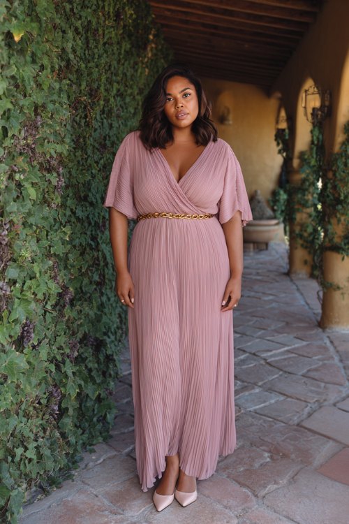 A plus-size woman in a dusty rose pleated maxi dress with a wrap bodice and flutter sleeves, paired with pointed-toe mules and a delicate gold chain belt