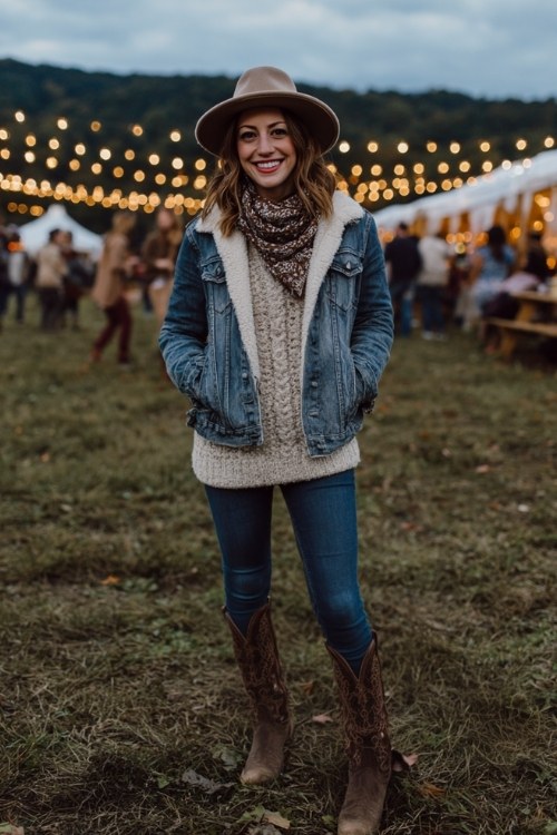 A woman wears a shearling-lined denim jacket over a chunky knit sweater, paired with high-waisted skinny jeans and classic brown cowboy boots