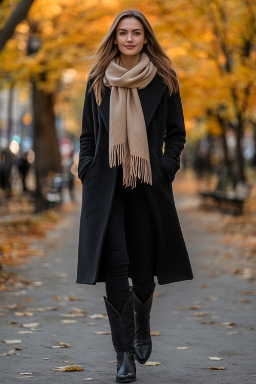a woman wears black cowboy boots, black pants and a black trench coat