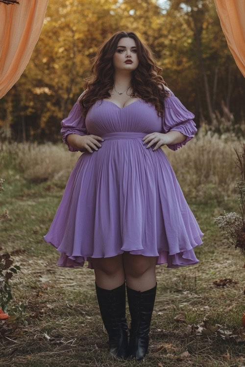 a plus size woman wears a purple lace wedding guest dress with black boots